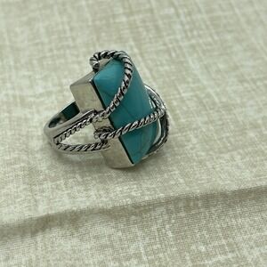 Rectangular Faux Turquoise Ring Size 8 Silver Tone‎ Southwest Clear Rhinestones